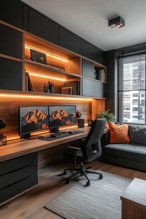 Pc Room Design, Uk Home Office, Techy Home Office, Gamer Office Design, Office With Dual Monitors, Modern Office Shelving, Gaming Room And Office, Gaming And Office Room Setup, Gaming Closet Ideas