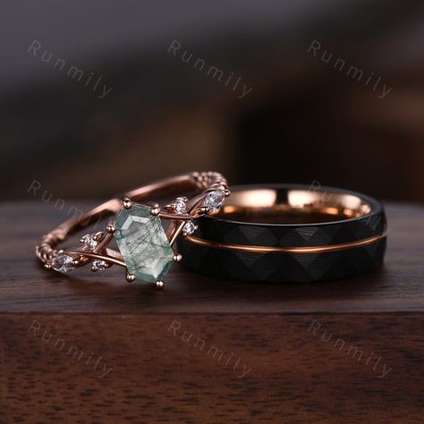 Here we have a Vintage Green Moss Agate Couples Ring Rose Gold Matching Ring Set His and Hers Wedding Band Promise Ring For Men For Women Natural Agate Gem ITEM DESCRIPTION ✦ Handmade, high-quality item! ✦ Material: Sterling Silver/Tungsten ►Sold as a two-piece set ►His ring is Rose Gold and Black Tungsten Carbide. ►His band width: 6mm ►His tungsten ring will not turn green itself and will not cause your skin to turn green.  ✦ Durable - Incredibly Scratch-Resistant to always look great. ✦ Comfor Promise Ring For Men, Matching Ring Set, Taylor Wedding, Couples Ring, Green Moss Agate, Black Tungsten, Matching Ring, Wolfram, Ring Rose Gold