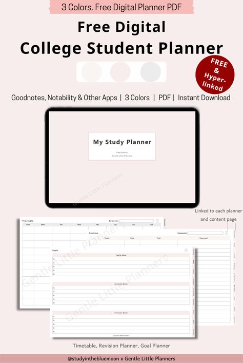 Free Digital Student Planner For College Student Organization – Gentle Little Planners Organisation, Free Student Planner Templates, Study Planner Daily, Good Notes Student Planner, Free Student Digital Planner, College Digital Planner, Goodnotes Student Planner Free, College Planner Template, Academic Planner Printables Free