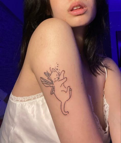 Fairy Cat Tattoo Drawing, Animals With Fairy Wings Tattoo, Cat Tattoo Angel Wings, Fairy Cats Tattoo, Cat Angel Wings Tattoo, Dog With Fairy Wings Tattoo, Cat With Butterfly Wings Tattoo, Angel Kitten Tattoo, Angel Kitty Tattoo