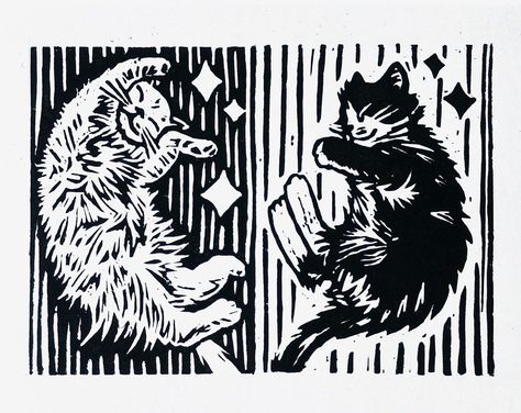 Handmade original lino print of cosy kittens.  Hand carved and printed in the UK by me, Cands! The design is based on my friends' beautiful, ethereal, long-haired kittens.  Printed on 220gsm paper with high-quality vegetableoil based ink. Available as A4 (both cats) or A5 (individual: choose from Black cat or White cat). Let the cats be a reminder that productivity is a myth - Please note the prints do not include a frame.  - Packaged in recycled paper and biodegradable cellophane plastic Linocut Prints 2 Color, Funny Linocut Prints, Layered Lino Print, Black Cat Linocut, Lino Block Print, Block Print Inspiration, Black White Cat Drawing, Linotype Illustration, Lino Print Animals