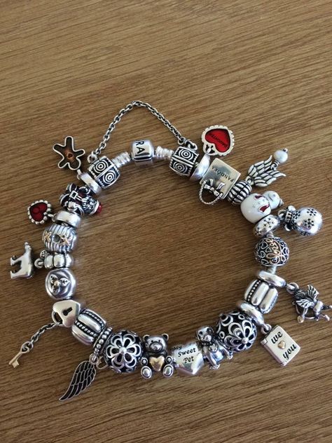 Silver Pandora Pandora Bracelet Inspo Silver, Full Pandora Charm Bracelet, Pandora Bracelet Charms Ideas Silver, Pandora Bracelet Ideas Inspiration, Silver Pandora Bracelet, Pandora Bracelet Charms Ideas, Charm Bracelets For Girls, Silver Pandora Charms, Pandora Bracelet Designs