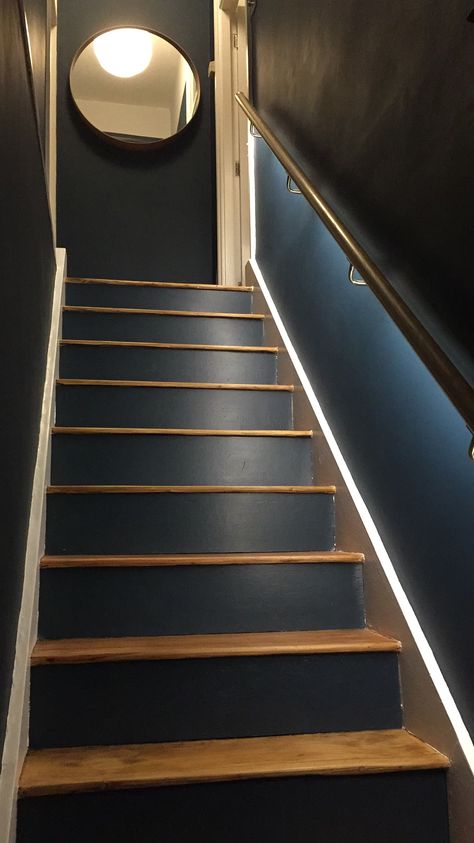 Stairway Bannister light veridian blue walls and risers Dark Blue Staircase, Teal Staircase, Stairway Paint Ideas, Blue Hallway Ideas, Basement Stairwell Ideas, Blue Stairs, Hallway Wall Colors, Enclosed Staircase, House Upstairs