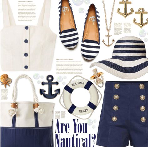 Nautica Outfit Women, Nautical Womens Outfits, Nautical Themed Party Outfit Women, Nautical Looks For Women, Sailor Inspired Outfit For Women, Yacht Rock Outfit, Love Boat Theme Party Outfit, Nautical Themed Party Outfit, Nautical Dress Outfit