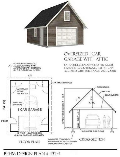 Garage Plans: 1 Car Garage With Attic Plan 432-4 - 18' x 24' - one car - Amazon.com Remodeling Garage, Three Car Garage Plans, Detached Garage Ideas, Car Garage Plans, Garage Shop Plans, Remodel Garage, Single Car Garage, Garage Plans With Loft, Garage Plans Detached