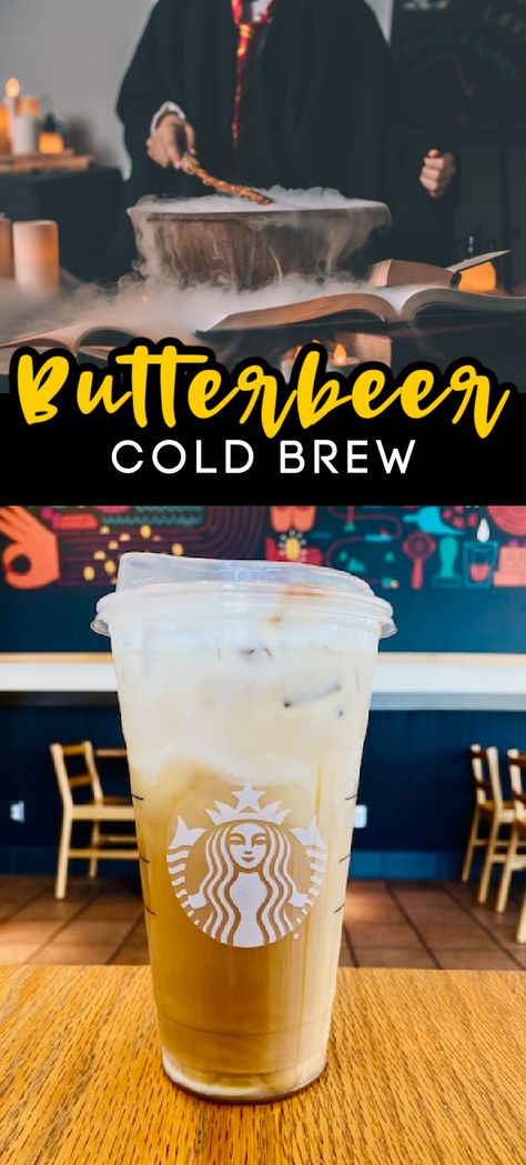 Iced Butterbeer Coffee, Butter Beer Coffee, Butterbeer Coffee Recipe, Starbucks Cold Brew Secret Recipes, Cold Brew Recipes Drinks Starbucks, Butterbeer Frappuccino Starbucks, Butter Beer Starbucks Drink, Butterbeer Starbucks Recipe, Starbucks Cold Brew Drinks To Order