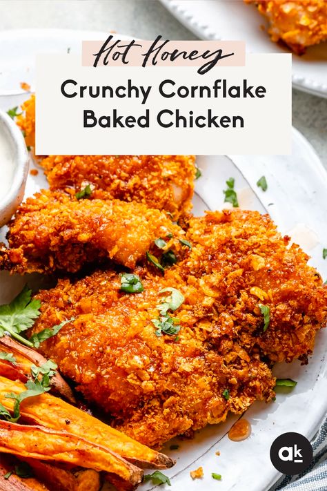 Honey Cornflake Chicken, Corn Flake Chicken Parmesan, Healthy Cornflake Chicken, Hot Honey Cornflake Chicken, Chicken In Cornflakes, Cornflake Chicken Recipes, Cornflake Coated Chicken, Baked Cornflake Chicken Tenders, Baked Chicken Corn Flakes Recipes