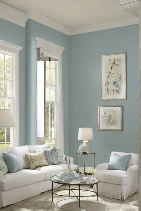 "living room paint" "Drizzle SW 6479" "interior design" "home decor" Interior Paint Living Room Wall Colors, Pastel Blue Walls Living Room, Indoor Home Color Ideas, Paint Colour Ideas For Living Room, Statement Wall Paint Ideas, 2024 House Paint Colors, Pretty Wall Colors, Light Blue Accent Wall Living Room, Light Blue Living Room Walls