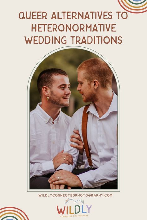 Ready to ditch the heteronormative wedding traditions? Many queer and straight couples are exploring alternative wedding traditions that better reflect their values, identities, and relationships. Especially if you’re part of the LGBTQ+ community, these unique wedding traditions are often necessary because we don’t fit society’s expectations neatly. Explore some creative alternatives that can help reflect your unique love story at wildlyconnectedphotography.com Humanist Wedding Ideas, Non Traditional Lesbian Wedding, Queer Wedding Vows, Small Queer Wedding, Nonbinary Wedding Ideas, Non-binary Wedding, Trans Wedding Ideas, Queer Wedding Decor, Lgbtq Wedding Two Grooms