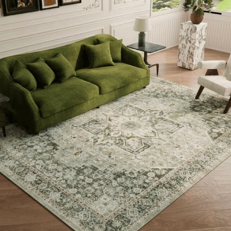 9×12 Machine Washable Rug for Living Room, Boho Vintage 9×12 Area Rug，Distressed Accent Low Pile Ultra Soft Large Carpet for Bedroom Bathroom Dining Room, Floral/Green -  #Accent #Area #Bathroom #Bedroom #Boho #Carpet #Dining #FloralGreen #Large #Living #Machine #Pile #Room #Rug #RugDistressed #Soft #Ultra #vintage #Washable Accent Green Rug, Earthy Rugs Living Rooms, Rugs For Green Walls, Rugs With Green Couch, Rug For Bedroom Ideas, Rug For Green Couch, Apartment Living Room Rug, Organic Modern Rugs, Layered Rugs Bedroom