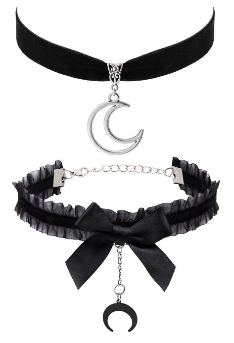 PRICES MAY VARY. SET 2 PIECE GOTH CRESCENT MOON CHOKERS NECKLACES: The Crescent Moon Choker Necklace Design Is Nice And Unique, Goes Well With Any Other Accessories, Show Your Personality Every Moment MATERIALS: Meticulously crafted from high-quality zinc alloy with an antique silver finish for pendant and soft velvet so it's comfortable to wear SIZE: The Silver color Moon Pendant measures 1.02 inches in width x1.02 inches in length. The Black Moon Pendant measures 0.78 inches in width x 0.6 inc Kawaii, Crescent Moon Accessories, Anime Fireworks, Crow Core, Kpop Cover, Moon Choker Necklace, Moon Accessories, Boho Choker Necklace, Moon Choker