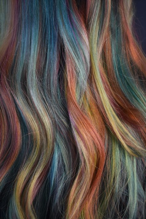 Autumn / fall hair color Desert Hair Color, Fall Colorful Hair Ideas, Fun Autumn Hair Color, Autumn Vivid Hair Color, Ginger Hair With Fun Colors, Autumn Leaves Hair Color, Fall Rainbow Hair, Fall Themed Hair Color, Autumn Rainbow Hair