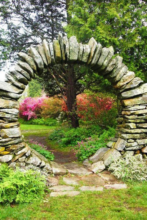 Azalea Gardens Kingston, RI Rhode Island Travel, Azaleas Garden, Moon Gate, Garden Arbor, Stone Arch, Island Travel, Garden Cottage, Wall Ideas, Garden Gates