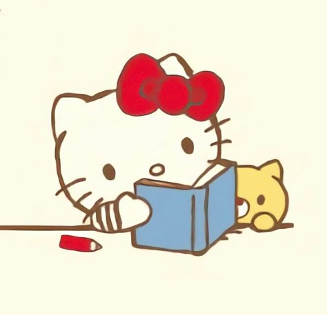 Hello Kitty ✄ Sanrio Studying, School Pfp Aesthetic, Hello Kitty Studying, Pfp Book, Hello Kitty Reading, Hello Kitty Book, Hello Kitty School, Hello Sanrio, Hello Kitty Car