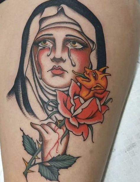 Nun Tattoo Traditional, American Traditional Tattoo Woman Face, American Traditional Nun Tattoo, Nun Pinup Tattoo, American Traditional Woman Face Tattoo, Lady Head Tattoo Flash, Traditional Woman Face Tattoo, Traditional Portrait Tattoo, Traditional Back Piece Tattoo