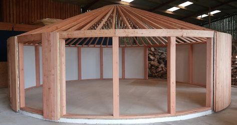 Wooden Yurt Home, Jamaican Cottage, Yurt Platform, Yurt Construction, Wooden Yurts, Wood Roof Structure, Exterior Bathroom, Yurt Home, Cabin Style Homes