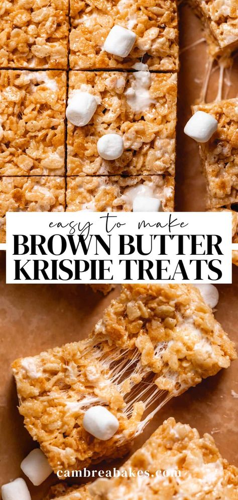 These easy-to-make brown butter rice krispie treats are sweet, gooey, buttery, and packed with nutty brown butter flavor. The addition of a little extra butter and marshmallows, and toasting the crispy rice cereal packs tons of extra flavor! Brown Butter Rice Krispie Treats, Brown Butter Rice, Fun Rice Krispie Treats, Homemade Rice Krispies Treats, European Butter, Krispy Treats, Butter Rice, Oreo Dessert, Rice Crispy Treats