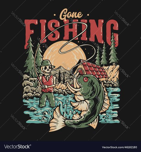 Skeleton Fishing, Skeleton Vector, Gone Fishing, Vintage Illustration, The River, T Shirt Design, High Res, Png Images, Shirt Design