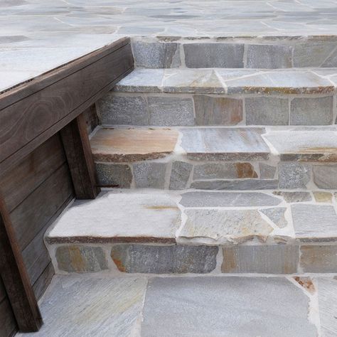 Outdoor Stone Pavers Transform any outdoor space into something remarkable with Flagstone by Natural Stone Resources! Beautifully crafted from the highest quality materials of Limestone, Quartzite, Sandstone, Slate, and Travertine, this collection creates a timeless and stylish look no matter the design scheme. Whether you are looking for a more formal, classic look or something unique and organic, Flagstone has you covered. With consistent patterns, create a sleek and modern appearance, or incorporate a variety of shapes and sizes to achieve a warm, inviting atmosphere. Perfect for both residential and commercial applications, this natural stone flagstone is the perfect choice for exterior and interior walls, floors, fire pits, pathways, pool surrounds, steppingstones, and more. Bring the Flagstone Walkway To Front Door, Flagstone Entryway, Stone Walkways To Front Door, Flagstone Stairs, Flat Stone Patio, Flagstone Wall, Backyard Entrance, Border Walls, Wood Stamped Concrete