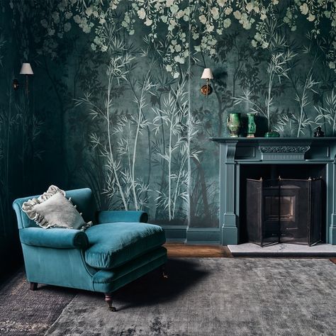 Sayuri Wallcovering Hunter | Pluma Wallcoverings | Romo Fabrics Romo Wallpaper, Romo Fabrics, Chinoiserie Design, Hotel Chic, English Room, Modern Nautical, Woodland Scene, Wallpaper Direct, Made To Measure Curtains