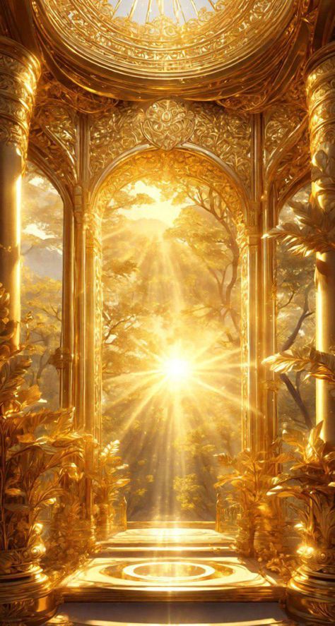 Gold Light Aesthetic, Godess Astethic, Sun Kingdom Aesthetic, Gold Sun Aesthetic, Golden Wallpaper Aesthetic, Light Fantasy Aesthetic, Gold Background Aesthetic, Golden City, Heaven Art