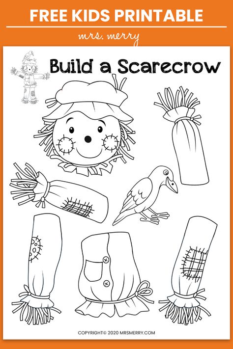 Free fall craft for kids. Build your very own scarecrow. Color, cut and paste your scarecrow together. A great craft for kindergartners or preschools. #indoorkidsactivities #fallcraftsforpreschoolers #practicewithscissors #makeascarecrow #freeteacherresources #rainydayactivity #wizardofoz #halloweencraftsforkids #halloweenactivities Grade 3 Fall Activities, Fall Fun Classroom Activities, Fall Activity Printables, Homeschool Halloween Crafts, Fall Ideas Activities For Kids, Build Your Own Scarecrow Printable, Fall Activities For Classroom, Fall Classroom Art Projects, Fall Coloring Activities