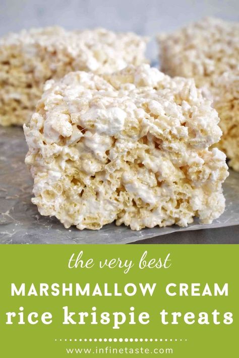 super marshmallowy crispy treats with text at bottom Marshmallow Creme Rice Crispy Treats, How To Make Rice Krispie Treats With Marshmellow Cream, Rice Krispie Treats Marshmallow Fluff, Rice Krispie Treats Marshmallow Creme, Marshmallow Cream Rice Krispie Treats, Ricecrispytreats Christmas, Rice Crispy Treats With Fluff, Rice Krispie Treats With Marshmallow Cream, Rice Krispies With Marshmallow Fluff