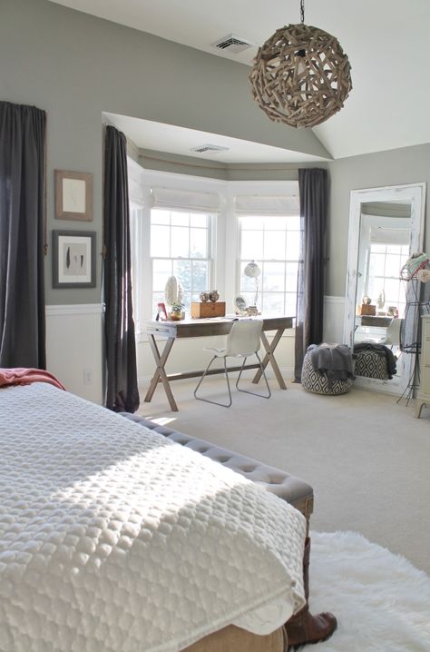 City Farmhouse-Rustic Chic Master Bedroom With Grays- Valspar Beach on walls Bay Window Bedroom, Bay Window Design, Country Cottage Bedroom, Rustic Farmhouse Bedroom, Bedroom Desk, Cottage Bedroom, Shabby Chic Bedroom, Trendy Bedroom, Bedroom Layouts