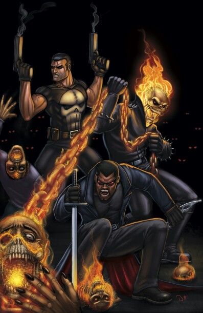 Punisher Blade and Ghost Rider Ghost Rider Punisher, Marvel Blade, Blade Marvel, Marvel Knights, Frank Castle, Charlie Cox, Black Comics, Marvel Characters Art, Jon Bernthal