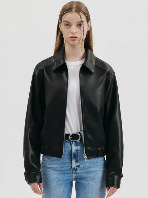 Faux Leather Cropped Bomber Jacket_Black | W Concept Womens Leather Jacket Outfit, Jacket Outfit Women, Womens Black Leather Jacket, Clueless Outfits, Cropped Leather Jacket, Leather Jacket Outfits, Best Poses For Men, Fashion Hacks Clothes, Leather Jacket Black