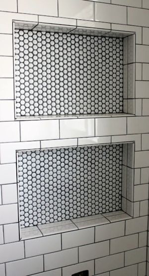 Auburn Bathroom, Bath Niche, Vintage Tile Floor, Tiled Bathroom, Recessed Shelves, Shower Insert, Penny Tile, Mosaic Floor Tile, Shower Niche