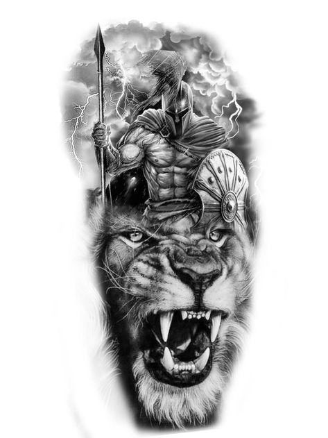 Front Body Tattoo Men, Gladiator Tattoo Forearm, Lion And Spartan Tattoo Design, Lion Arm Tattoo Men Sleeve, Lion Spartan Tattoo, Lion Forearm Tattoo For Men, Upper Half Sleeve Tattoos For Guys, Mens Forearm Tattoos Ideas Unique, Leo Tattoo For Men