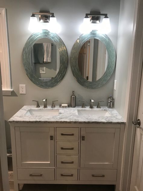 Double Sink Vanity In Small Bathroom, Small Bathroom Remodel Two Sinks, Small 2 Sink Vanity, Bathrooms Sink Ideas, Double Sink For Small Bathroom, Small Bathroom Double Sink Ideas, Small 2 Sink Vanity Master Bath, Smaller Double Sink Vanity, Double Vanity In Small Bathroom