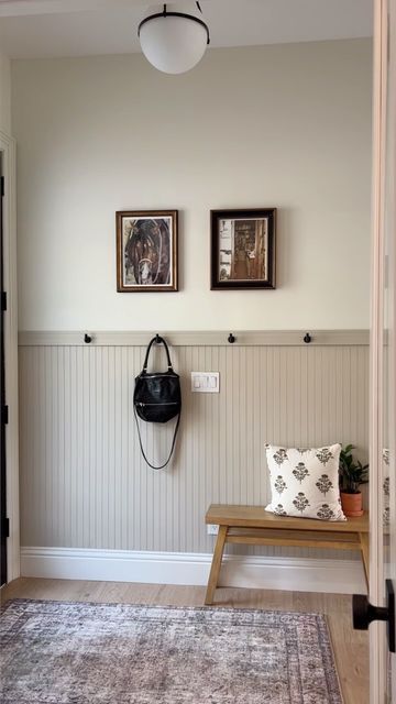 Mudroom Ideas Entryway Beadboard, Wainscoting Small Entryway, Bathroom Beadboard With Hooks, Half Painted Wall With Wood Trim, Wainscotting With Hooks, Beadboard Front Entry, Entryway With Beadboard, Entryway Ideas Beadboard, Black Beadboard Entryway