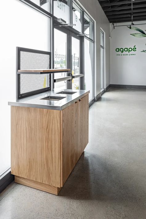 Trash Room Ideas, Cafe Trash Station, Restaurant Trash Station, Quick Service Restaurant Design, Oak Restaurant, Serving Station, Conceptual Model, White Oak Dining Table, Agape Love