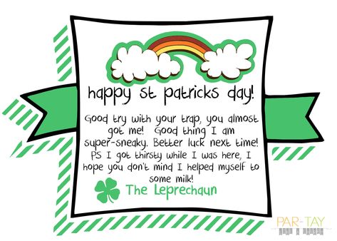 Free printable Leprechaun note for a last minute St Patricks Day surprise for your kiddos! Note From Leprechaun Free Printable, Leprauchan Mischief, Leprechaun Notes For Kids, Letter From Leprechaun Free Printable, Leprechaun Letters Free Printable, Drive In Movie Party, Leprechaun Note, Green Skittles, Leprechaun Hunt