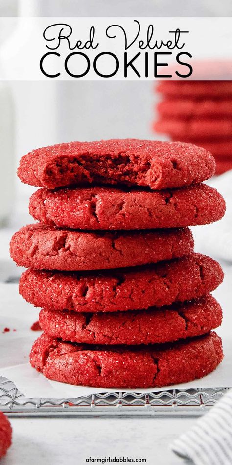 Pinterest image featuring a stack of red velvet sugar cookies Red Velvet Cookies Easy, Desserts Red Velvet, Red Velvet Sugar Cookies, Velvet Sugar Cookies, Red Velvet Cookie Recipe, Holiday Entertaining Food, Cookie Recipes From Scratch, Velvet Cookies, Cookies From Scratch