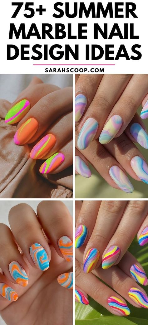 Bring a splash of color and creativity to your summer with these marble nails. #SummerNails #MarbleNails #NailArtDesigns Multi Color Marble Nails, Water Marble Nail Art Color Combos, Bright Marble Nails, Marble Nails Tutorial, Stiletto Nails Short, Water Marble Nail Art, Water Marble Nails, Marble Nail Designs, Tropical Nails