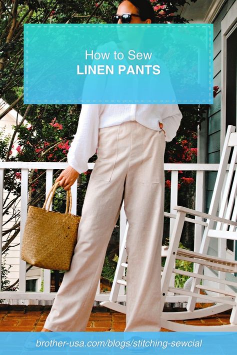 Looking for a garment to sew for these hot summer months? Try an easy, breezy linen pant Brother Ambassador, @trashtocouture shares a step-by-step tutorial on how to sew your own linen pants over on our blog! Tap through for the instructions! #SummerSewing #SewingProject #EasySewingProject #BrotherSews Linen Pants Sewing Pattern, Linen Pants Pattern, Pants Pattern Free, Flair Pants, Summer Sewing Projects, Pants Tutorial, Pin Weaving, Linen Drawstring Pants, Sewing Pants