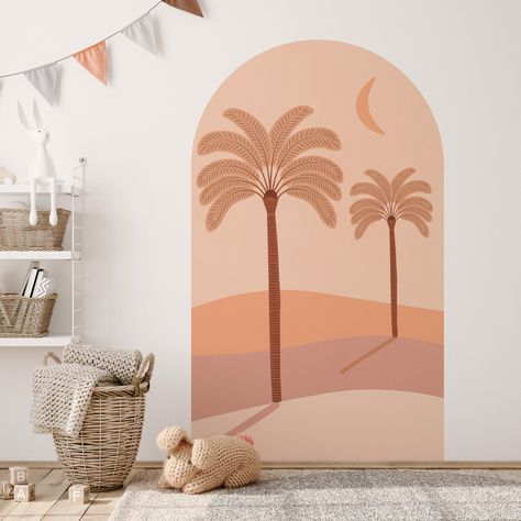 Boho Palm Tree Art, Palm Tree Painting Easy, Boho Kids Playroom, Tree Archway, Boho Arch Wall, Palm Tree Decal, Clay Car, Arch Sticker, Arch Wall Art