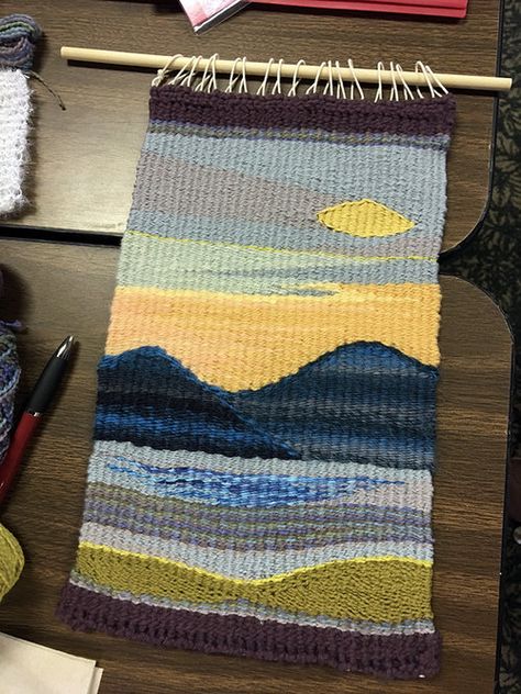 Learning the basics of tapestry weaving: Foundations Tapestry Retreat 2019 — Rebecca Mezoff Loom Weaving Inspiration, Landscape Weaving Ideas, Tapestry Loom Weaving Patterns, Landscape Tapestry Weaving, Tapestry Weaving Patterns Design, Easy Weaving Patterns, Tapestry Weaving Patterns, Tapestry Weaving Ideas, Weaving Landscapes