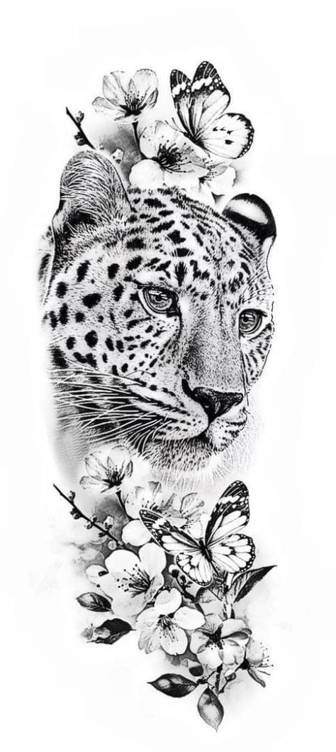 Leopard Tattoo For Women Leg, Leopard With Flowers Tattoo, Female Tiger Tattoo, Wild Animal Tattoos, Realism Animal Tattoo, Snow Leopard Tattoo, Tattoo Leopard, Leopard Print Tattoos, Cheetah Tattoo