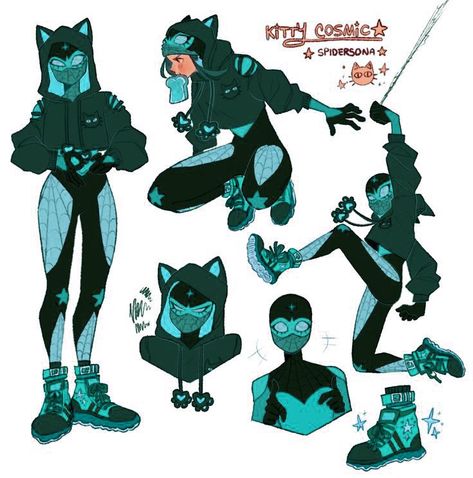 Kitty Cosmic Spidersona, Spider Bunny Oc, Spiderverse Oc Ideas, Spidersona Oc Black, Superhero Characters Design, Spider Verse Oc Female, Bunny Spidersona, Goth Spiderman Oc, Spidergirl Poses Reference