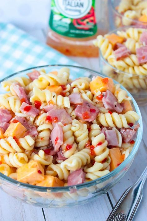 Ham and Cheese Pasta Salad - No Mayonnaise Ham And Cheese Pasta Salad, Nashville Recipes, Pasta Salad No Mayo, Pasta Ham, Cheese Pasta Salad, Ham Pasta Salad, Italian Dressing Pasta Salad, Mayo Pasta Salad Recipes, Ham And Cheese Pasta