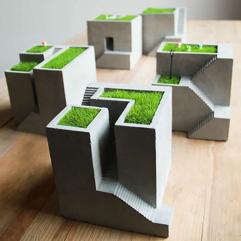 Concrete Products Ideas, Concrete And Plants Architecture, Architecture Model Concrete, Concrete Accessory, Architecture Stairs, Architectural Planters, Cement Crafts Pots & Planters, Decoration Beton, Bangunan Minecraft