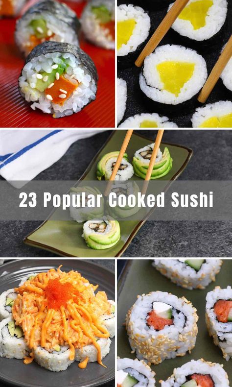 Popular Sushi Rolls, Homemade Cooked Sushi Rolls, Cooked Sushi Rolls Recipe, What To Put In Sushi, Unique Sushi Rolls, Cooked Salmon Sushi Rolls, Sushi At Home Recipes, At Home Sushi Recipes, Easy Sushi Rolls At Home