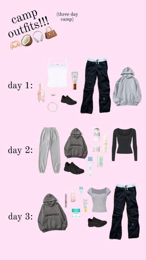 school camp outfits!! 🎧🫶🏻💌👜 #outfitinspo #camp #outfits #school #beauty #stuff #friends #glowrecipe #nike #outfit #drunkelephant School Camp Outfits, Band Camp Outfits, Camping Bag Essentials, Camping Aesthetic Friends, Camping Aesthetic Outfits, School Trip Outfit, Camp Outfits, School Beauty, Road Trip Outfit