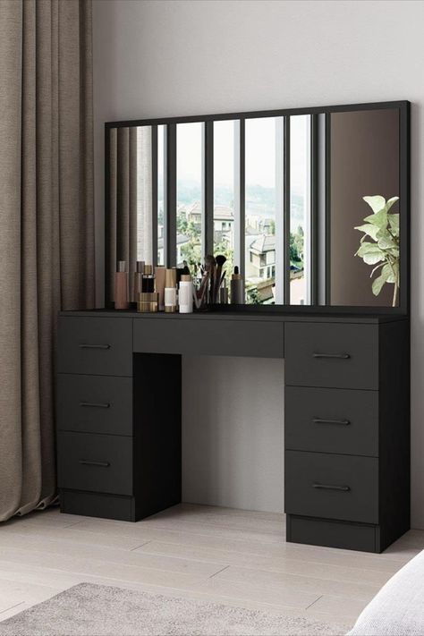 Black Dresser Bedroom, Black Vanity Desk, Bedroom Furniture Black, Dresser Makeup, Black Dressing Tables, Black Bedroom Sets, Ikea Black, Vanity Desk With Mirror, Desk With Mirror