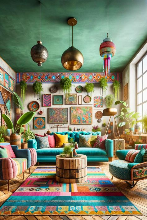 30 Modern Boho Living Room Ideas for 2024 – The Crafty Hacks Maxamilist Boho Decor, Boho Mexican Decor, Mexican Boho Decor, Boho Maximalist Decor, Funky Dining Room, Mexican Living Room, Funky Bedroom, Funky Room, Bold Living Room