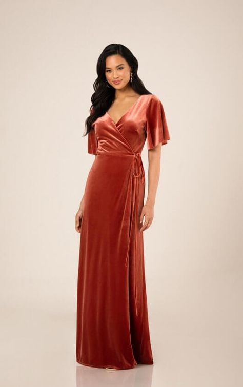 Full-Length Velvet Bridesmaid Wrap Dress with Flowy Flutter Sleeves – Essense of Australia Bridesmaid Wrap, Trendy Bridesmaids, Velvet Bridesmaid, Wrap Dress Bridesmaid, Velvet Bridesmaid Dresses, Maxi Dress Wedding Guest, Flare Sleeve Dress, Maxi Bridesmaid Dresses, Junior Bridesmaid Dresses